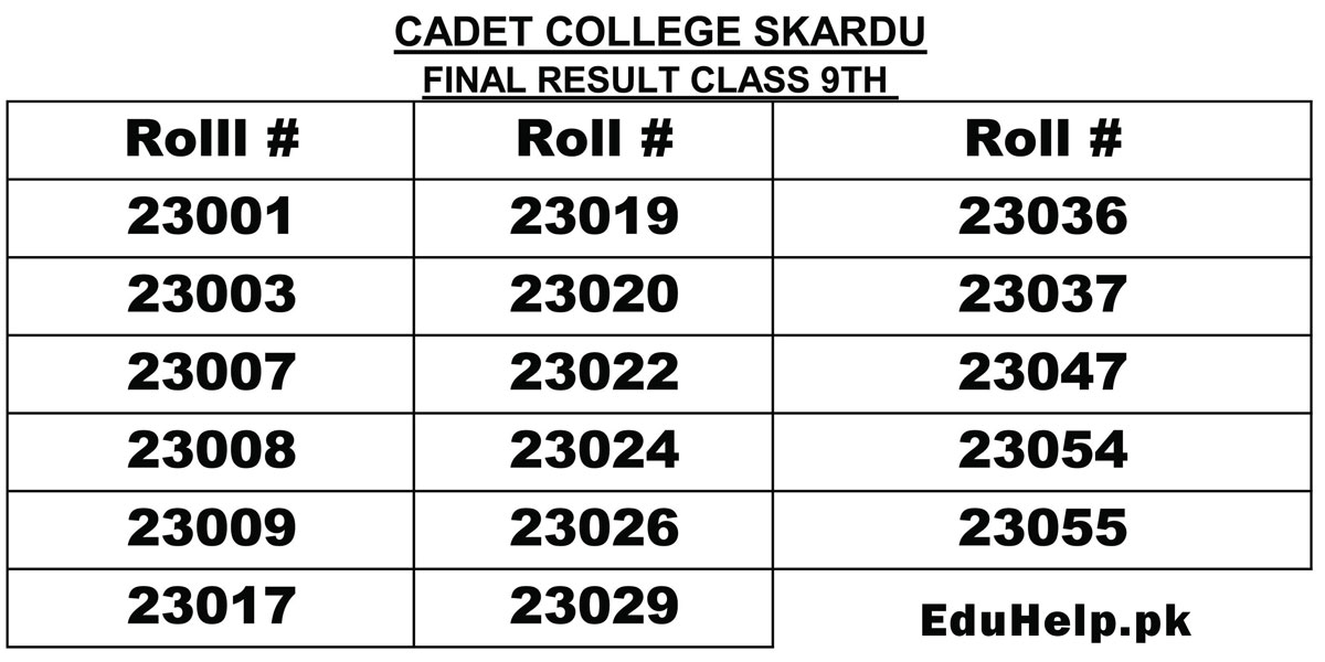 Cadet College Skardu Result 2023 9th Class
